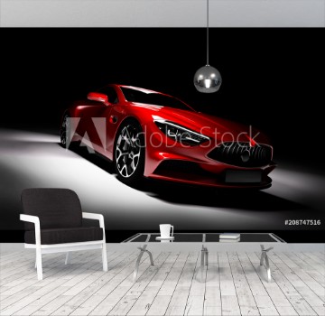 Picture of Modern red sports car in a spotlight on a black background